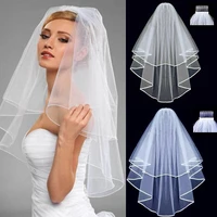 wedding simple tulle white color two layers bridal veil ribbon edge cheap bride accessories women veil with comb