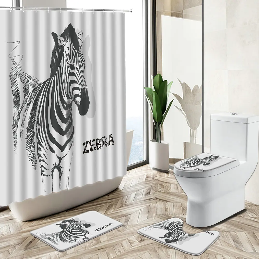 

Zebra Black White Striped Shower Curtains Abstract Creative Animal Bathroom Sets European Non-Slip Carpet Toilet Cover Floor Mat