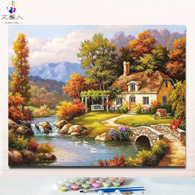 Раскрашивание по номерам Ландшафтные картины масляных картин с краской посылка