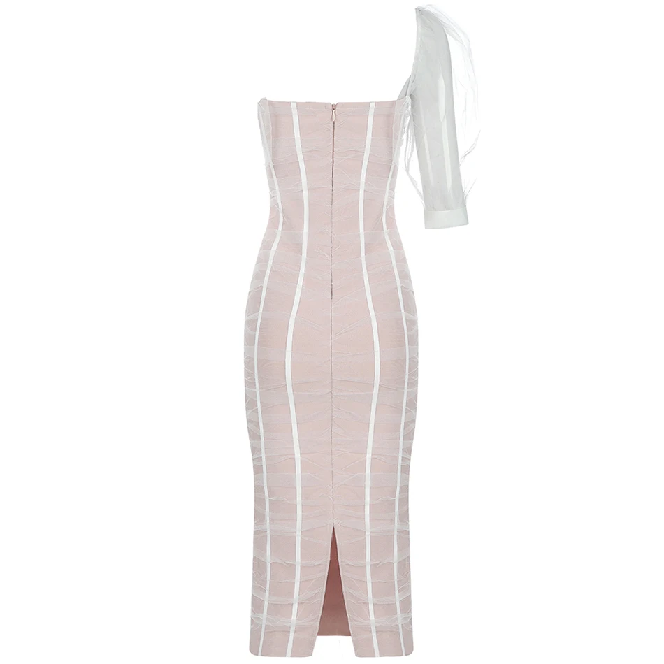 

Pink Elegant One-Shoulder Short Puff Sleeve Bandage Dress Sexy Lace Bodycon Midi Evening Party Dress Vestidos 2020 Fashion New