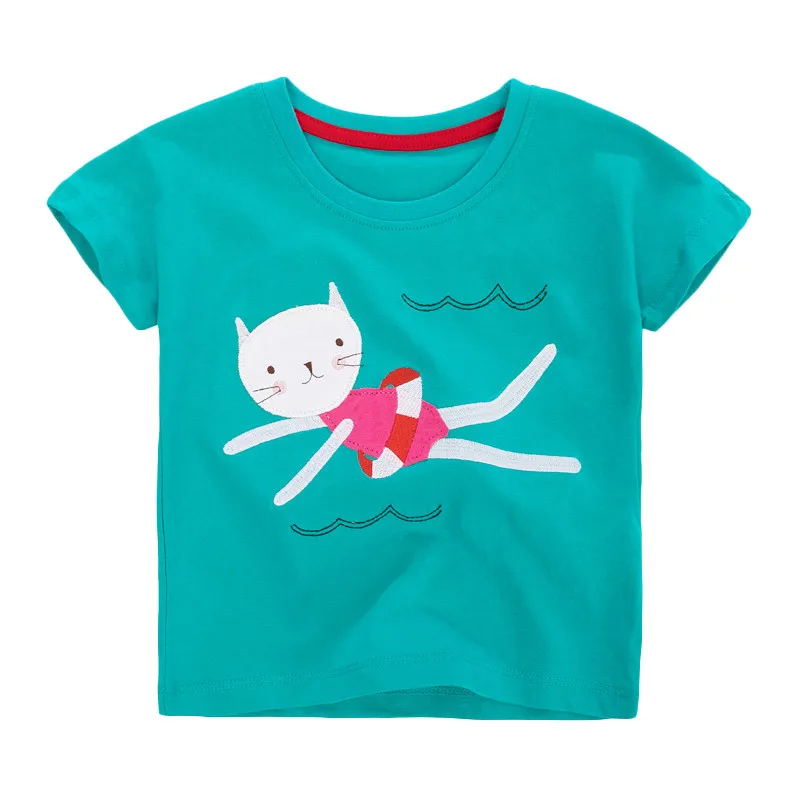 

Little Maven/Новая Летняя коллекция детской одежды зеленого цвета для плавания, аппликацией кошечки с О-образным вырезом с короткими рукавами из ...