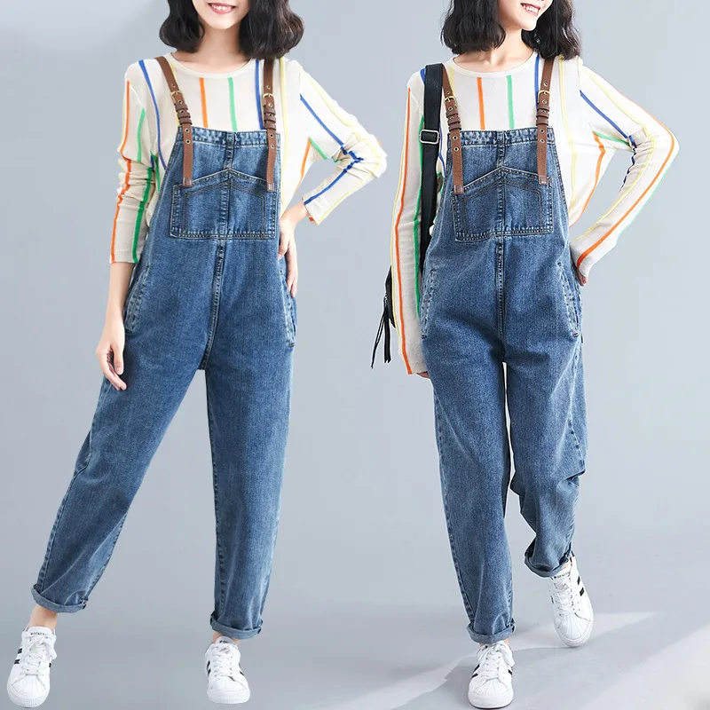 Повседневный вымытый джинсовый комбинезон в европейском стиле больших размеров