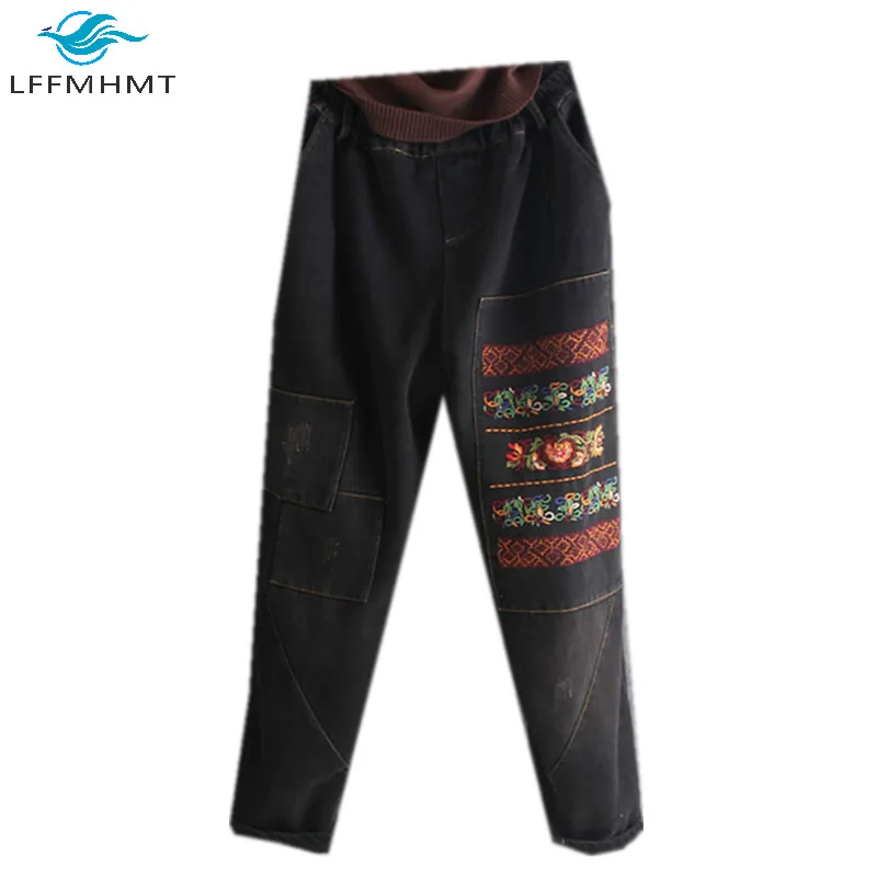 

Women Traditional Folk Embroidery Winter Fall Thick Fleece Baggy Harem Jeans Female Hip Hop Streetwear Casual Denim Trouser