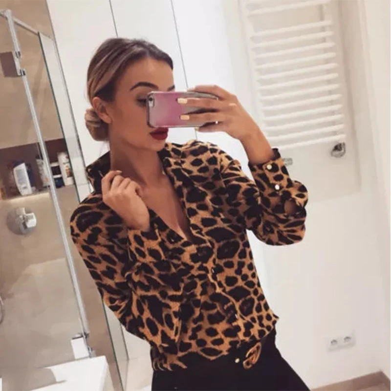 

New Hot Fashion Sexy Snake Skin Leopard Printed Blouse Women Elegant V-Neck Loose Long Sleeve Shirts Tops Casual Streetwear