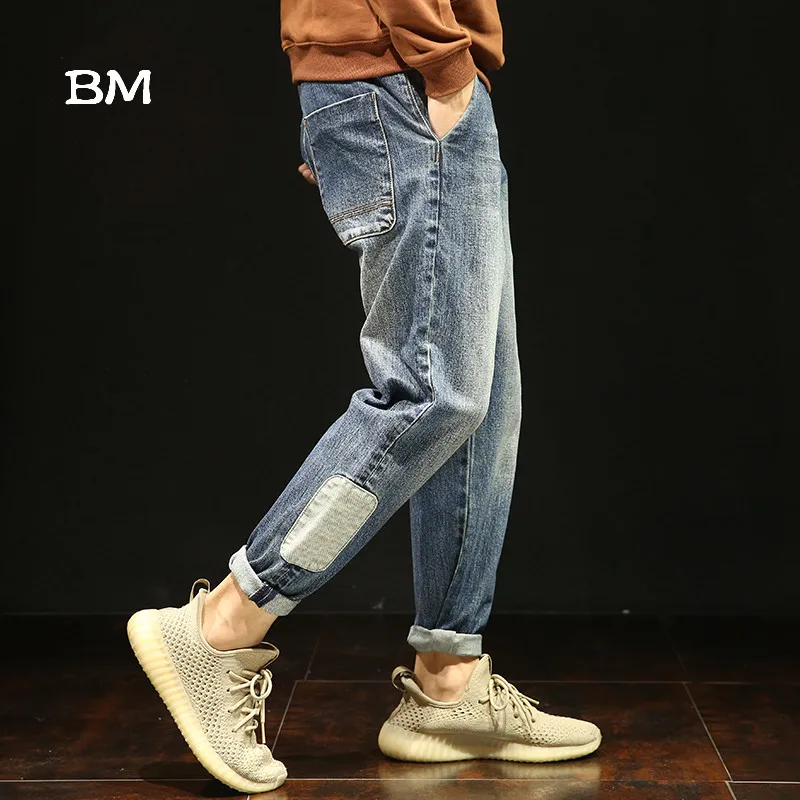 Мужские теплые джинсы-шаровары модная брендовая свободная одежда в стиле хип-хоп
