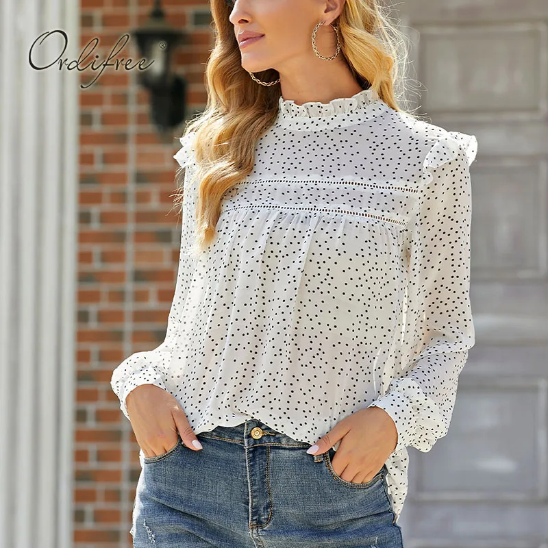 

Женская шифоновая блузка в горошек Ordifree, прозрачная драпированная блузка с длинным рукавом и вырезами, сексуальный топ для вечерние, лето ...