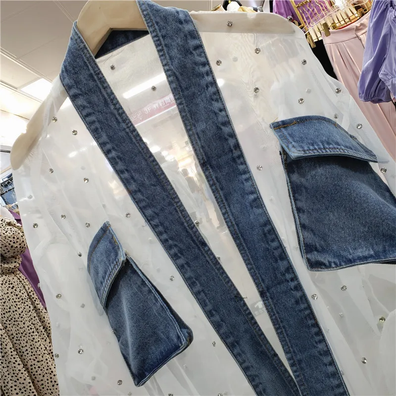 WHITNEY WANG Blouses 2020 Spring Fashion Streetwear Denim Patchwork See Through Mesh Diamonds Blouse Women Blusas Lady Shirt | Женская