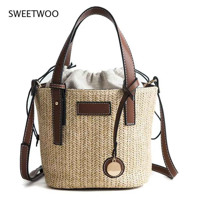 

Fashion New Women Straw Shoulder Crossbody Bag Female Popular Messenger Cosmetic Bag Drawstring Woven Handbag Pu Leather Satchel