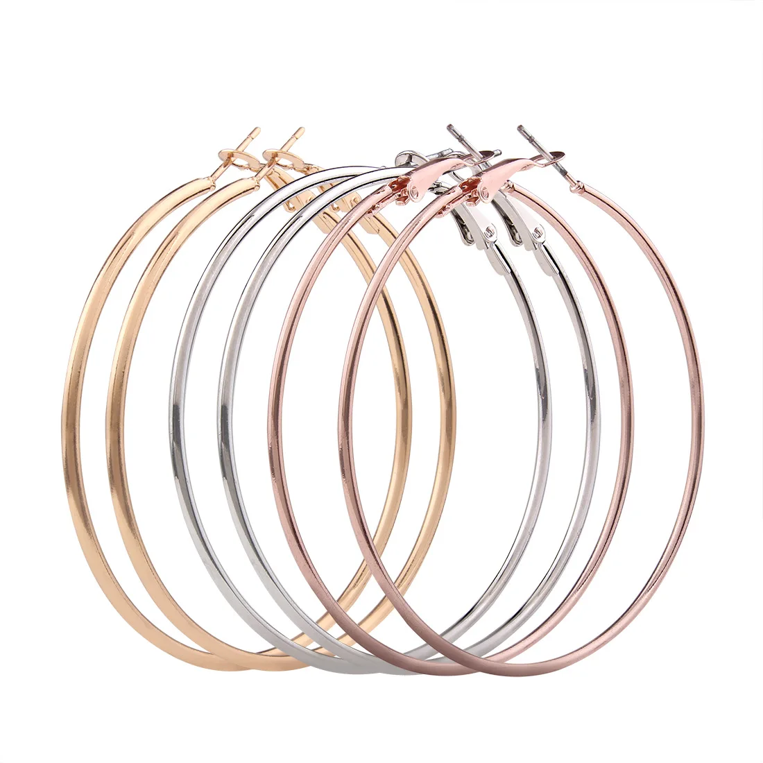 

3 PCS Big Circle Huggie Trendy Round Delicate Hoop Earrings For Women Thin Spike Glitter Elegant Rose Gold Jewelry Bijou
