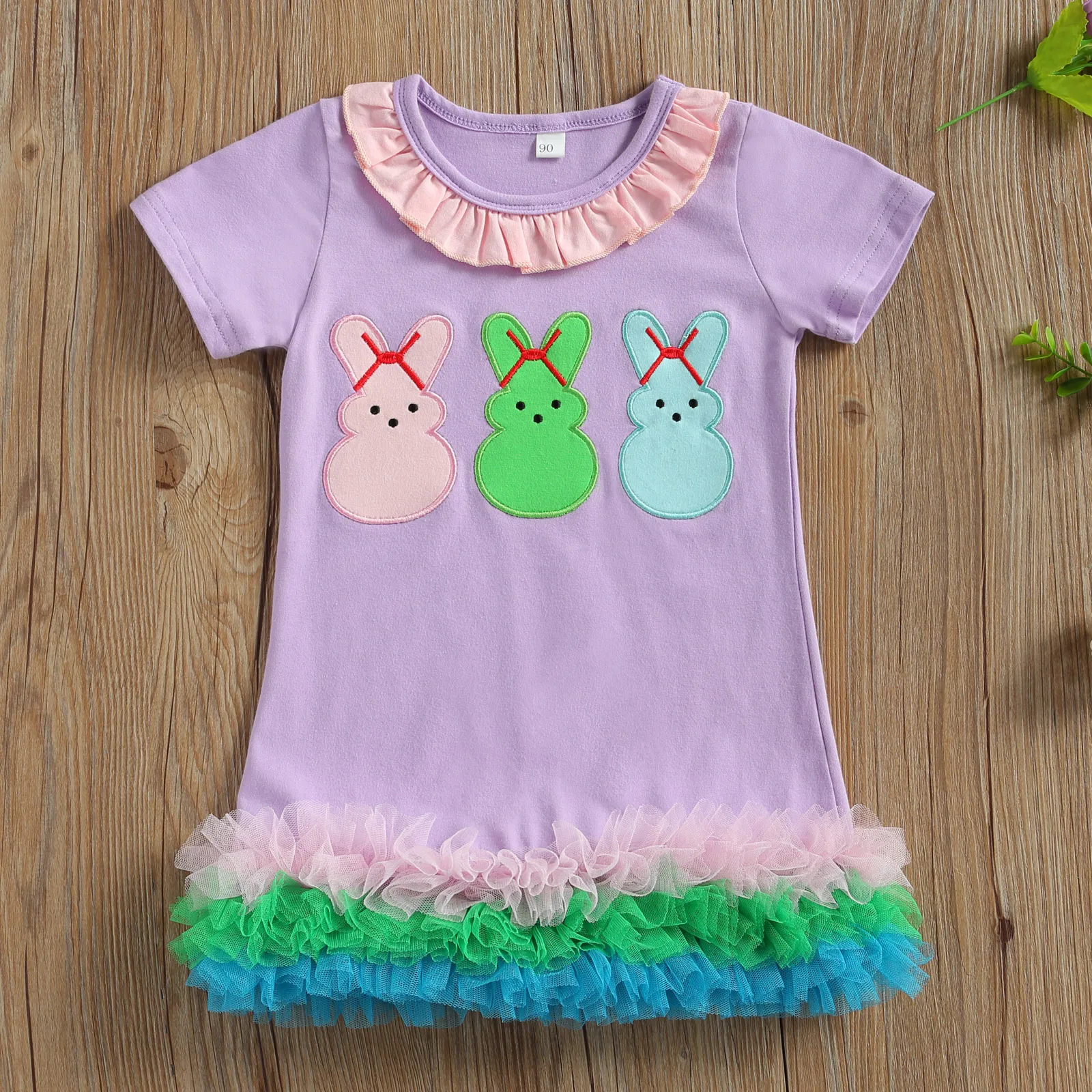 

Breathable Little Kids Baby Girl Easter Children Summer Sweet Style Round Collar Short Sleeve Bunny Pattern Lace Hemline Dresses
