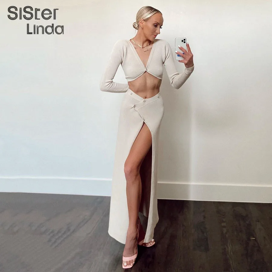 

Женский комплект из юбки и юбки Sisterlinda, летний комплект из двух предметов, юбка макси с V-образным вырезом и разрезом