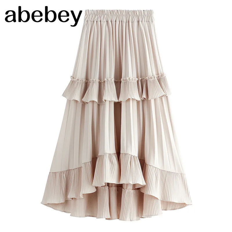 

2020 New Autumn Pleated Skirt High Waist Irregular Hem Flouncing Women Long Skirts Saia Women White Skirts Faldas Jupe Femme