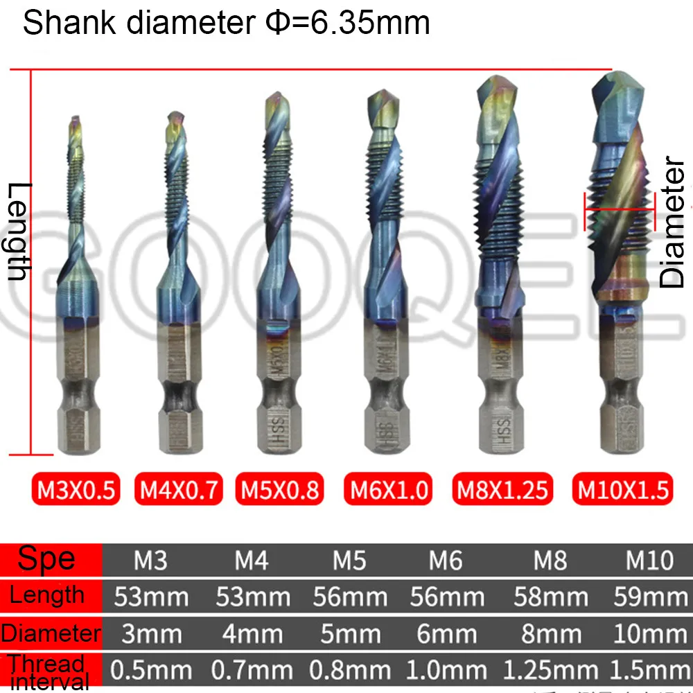 1PCS 1/4mm Shank M3-M10 HSS Thread Tap Set Metric Drill Blue Coated Machine Screw M3X0.5 M4X0.7 M6X1.0 M10X1.5 |