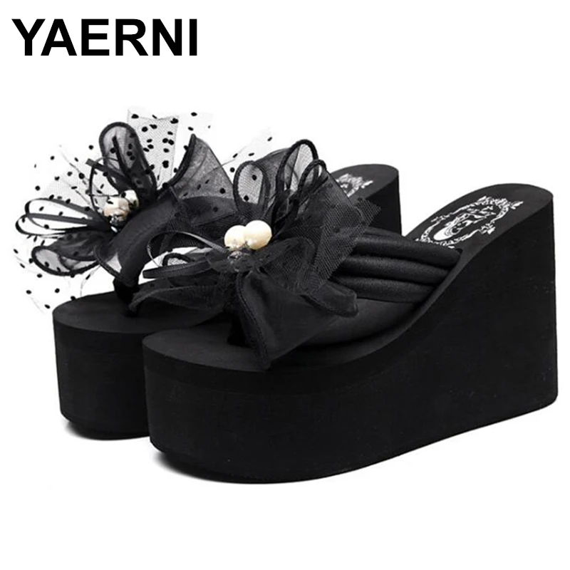 

Шлепанцы YAERNI женские с бантом, пляжные танкетки на платформе, брендовые сандалии на высоком каблуке, летняя обувь