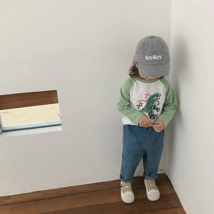Осень, милые футболки с длинными рукавами из чистого хлопка с героями мультфильмов для девочек, г., топы в Корейском стиле, 5 цветов, футболки