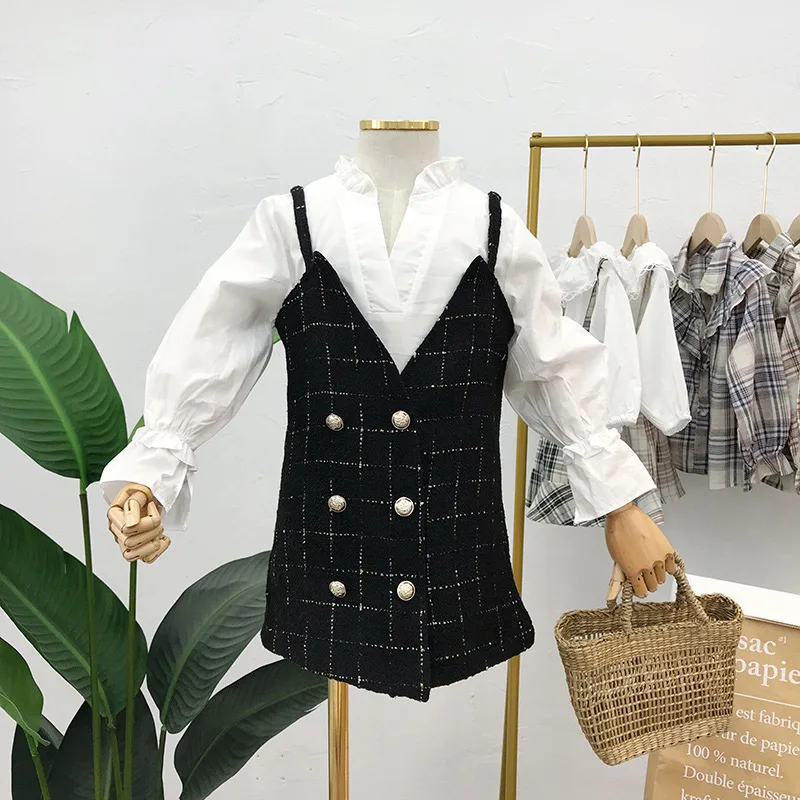white black Весенне-осенний комплект из 2 предметов для девочек, детская блузка+ платье-жилет, Детский костюм, детская брендовая одежда, искусственная шерсть, рукава с цветочным принтом, для детей 2-7 лет - Цвет: white black