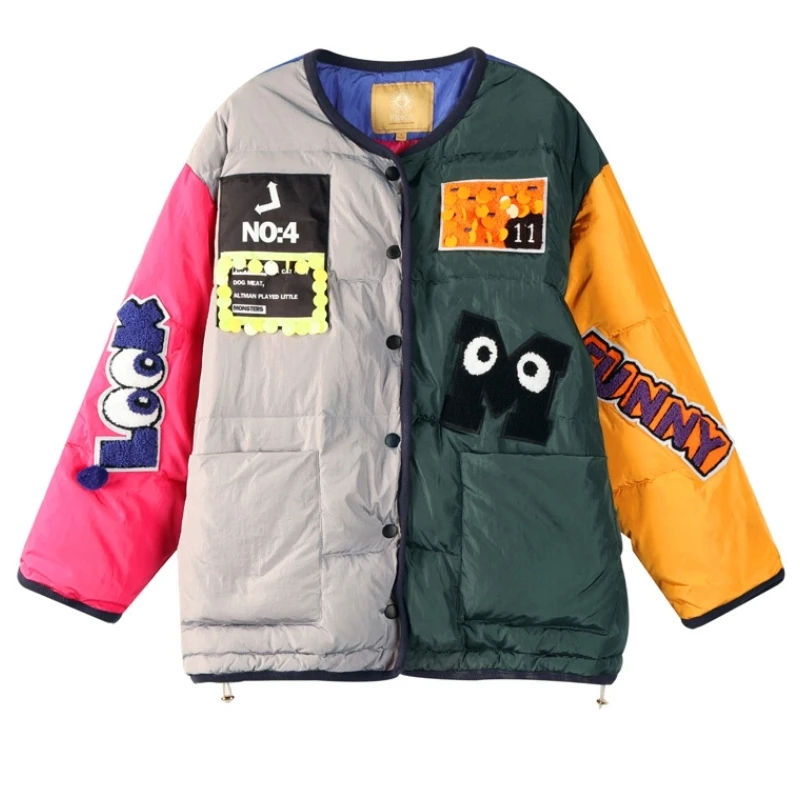Size Plus Winter Thicken Warm Hooded Down Jacket Women Hit Color Letter Cartoon Embroidery Pattern Sequins Preppy Style Coat 851 | Женская
