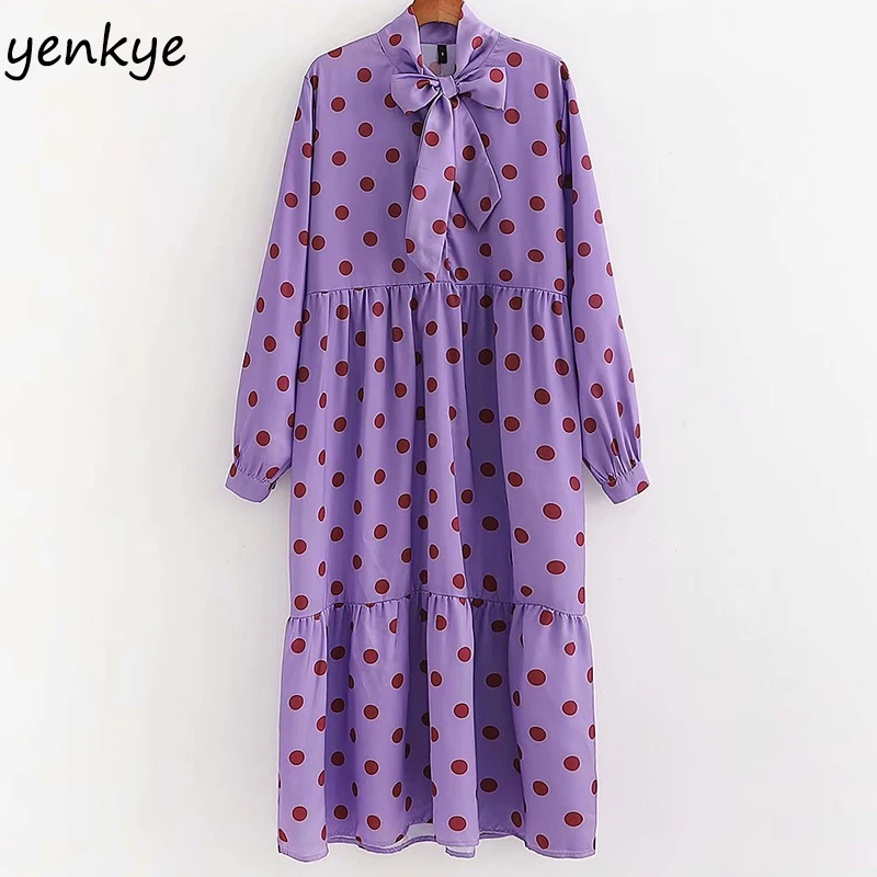 Весна 2020 женское винтажное платье сатин в горошек с бантом на воротнике и длинным