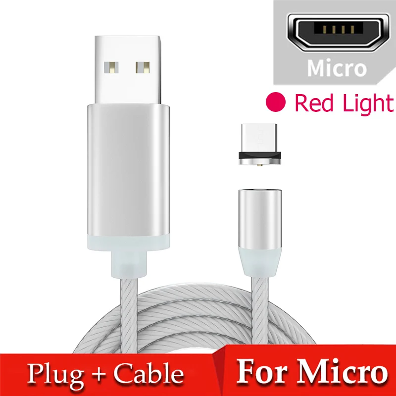 Red for Micro Магнитный течёт светодиодный кабель Micro USB для samsung S10 S9 type-c зарядное устройство для huawei магнитное зарядное устройство usb type C кабели - Цвет: Red for Micro