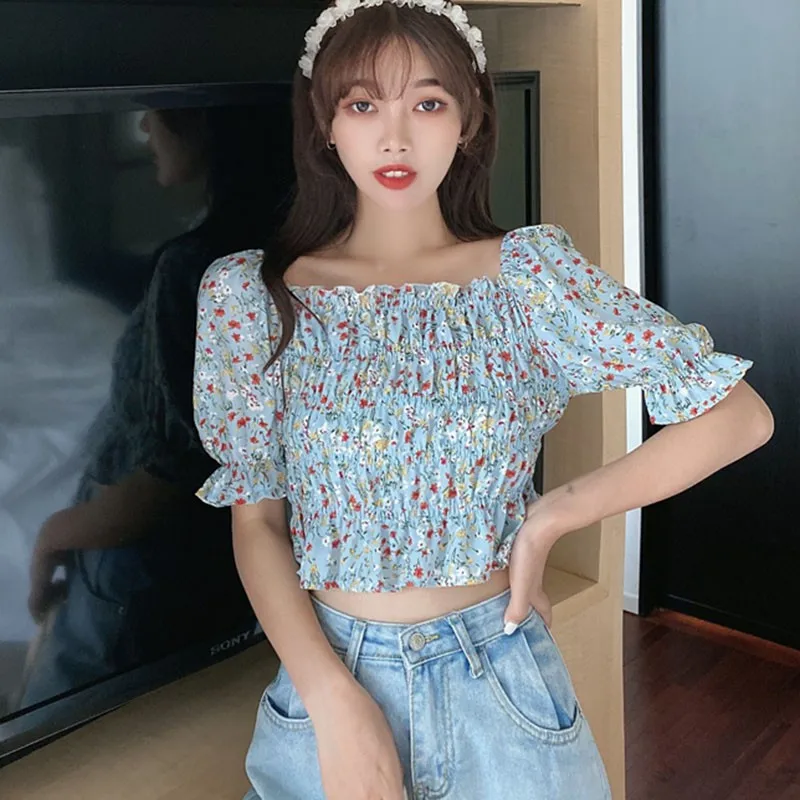 

Women Beach Floral Print Blouses Chiffon Elastic Slim Vintage Shirt Female Square Collar Sweet Boho Blouse Bubble Sleeve Tops