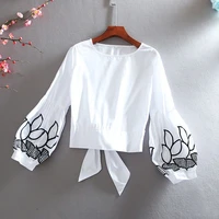 korean high waist short embroidered lantern sleeve round neck chic slim western style shirt female pullover top