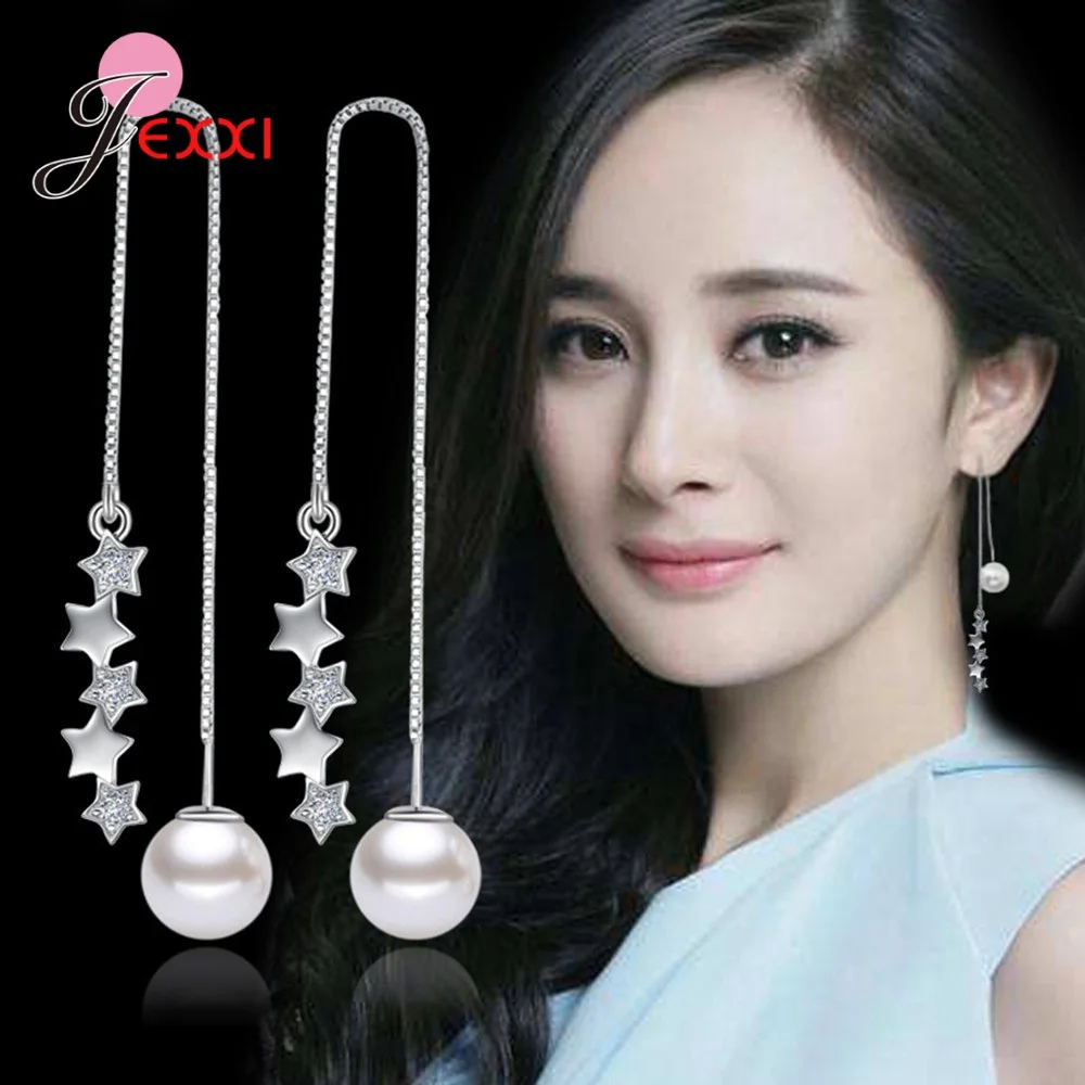 

Luxury 925 Sterling Silver Jewelry Long Dangle Earrings Tassel Shiny Star & Pearl Earring Pendientes Mujer Moda