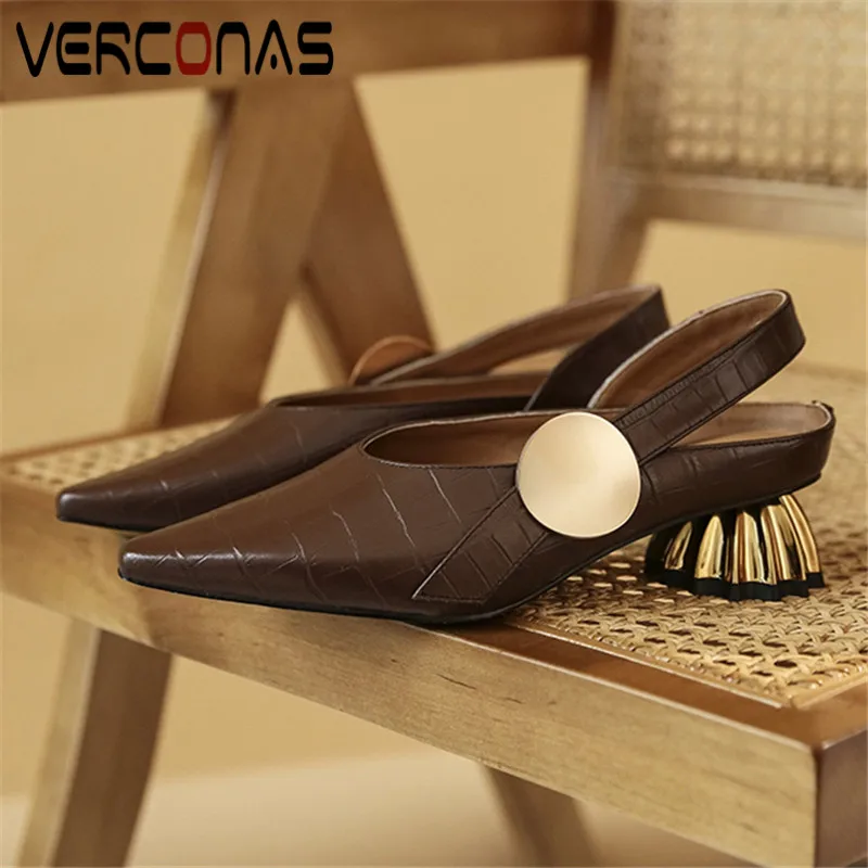 

VERCONAS New Arrival Woman Sandals Woman Pumps Genuine Leather Summer Metal Decoration Pointed Toe Strange Heeled Shoes Woman