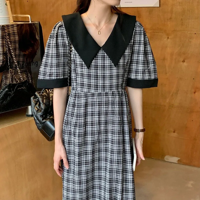 

One-Piece Korean Ladies Dresses 2021 Summer Vintage Lapel Collar Contrast Check Lace Waist Puff Sleeve Dress Midi Casual Dresses