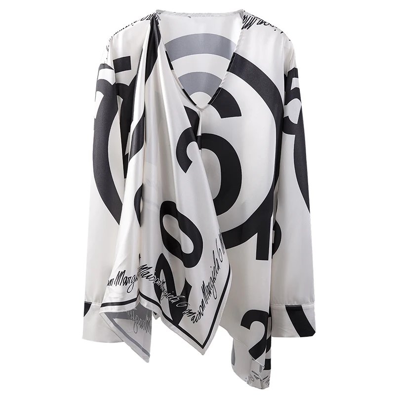 

[DEAT] New Fashion Printed Digital Design Asymmetric Scarf Collar Loose Pullover Shirt For Women 2021 Spring And Summer GX1210