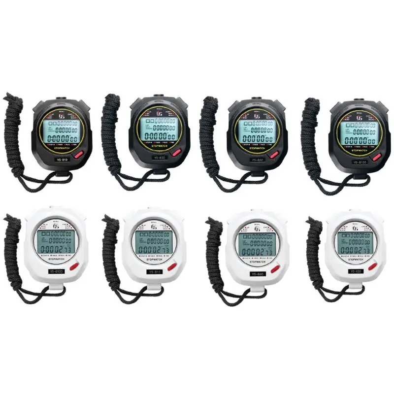 

Three Rows of 100 Stopwatch Timers Track and Field Training Black and White 2 Color Optional Running Timer