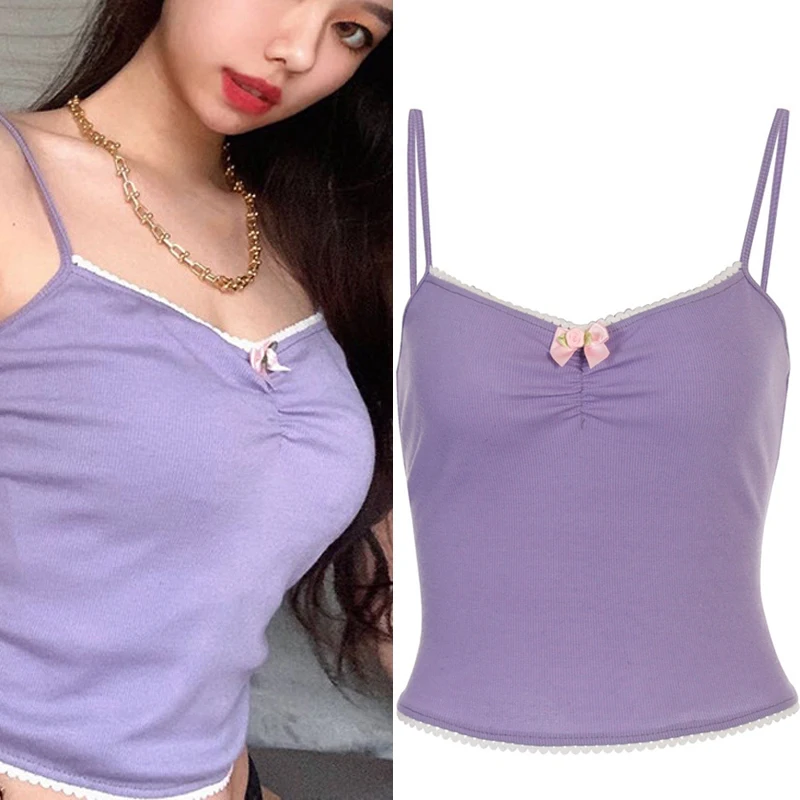Милые летние топы на бретельках однотонные с рюшами и бантом фиолетовые открытой