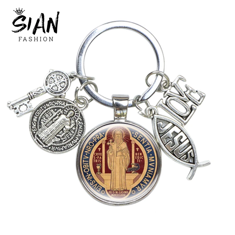 

Vintage Saint Benedict Medallion Keychain I Love Jesus Art Photo Glass Cabochon Key Chain Catholic San Benito Keyring for Unisex