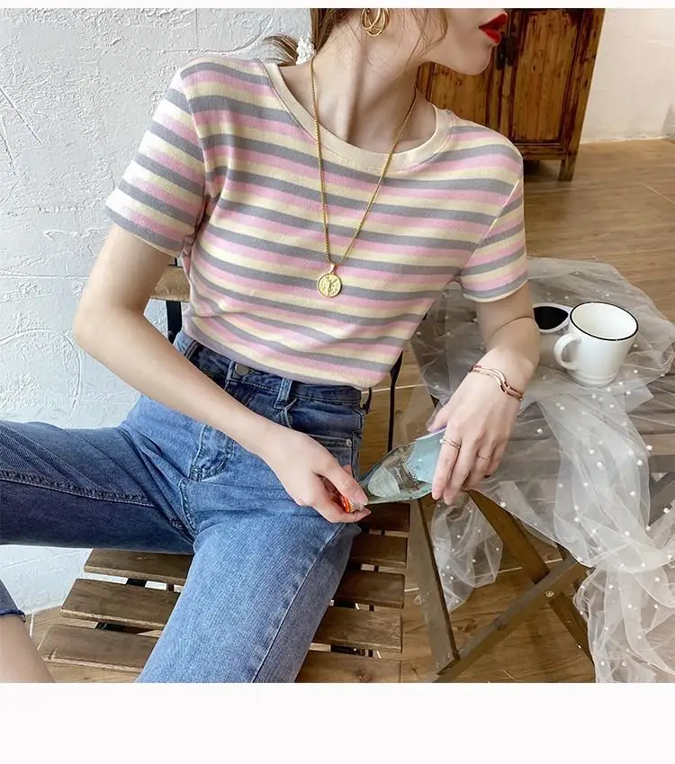 

Stripe Sexy T-shirt Women 100% Cotton Short Sleeve Summer Tshirt 2020 Casual Tshirt Big Size Elastic Student Streetwear