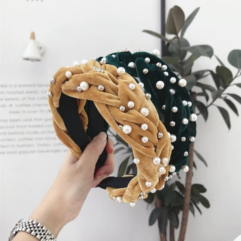 Золотые бархатные плетеные жемчужные повязки для волос женщин аксессуары банты