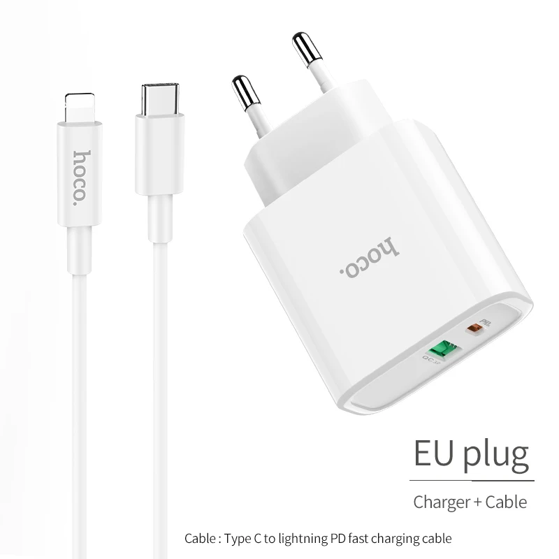 HOCO 18 Вт USB PD быстрое зарядное устройство адаптер QC3.0/2,0 быстрое зарядное устройство с type C к Lightning Кабель для быстрой зарядки - Тип штекера: EU charger add cable