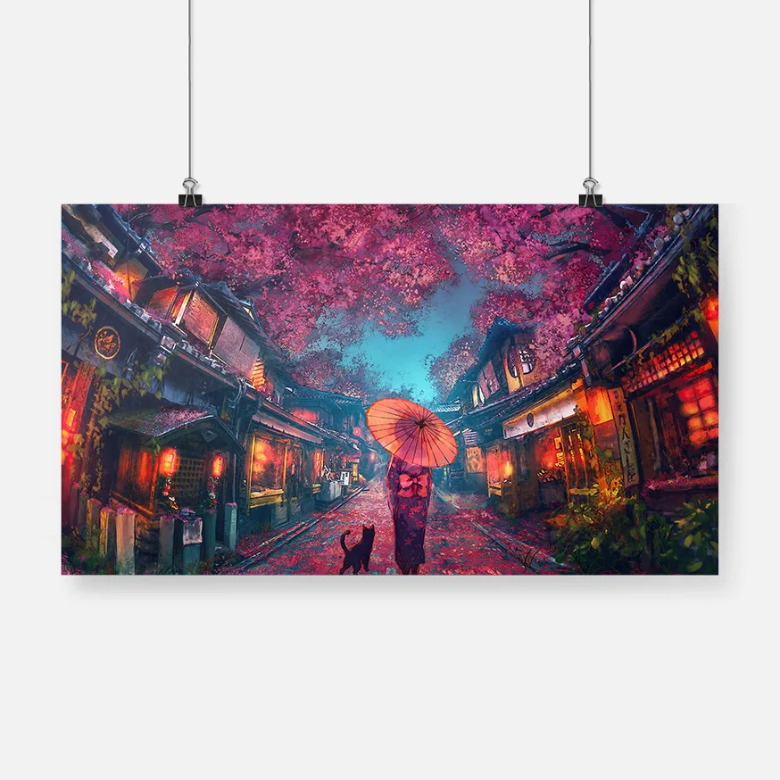Принты красивый аниме уличный пейзаж цветение вишни кимоно постер Картина на