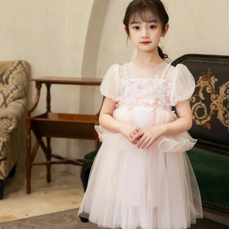 Pearls Flower Girls wedding ball gowns for Princess Birthday Party Floral Layer Tulle Dress Children s Summer Clothes