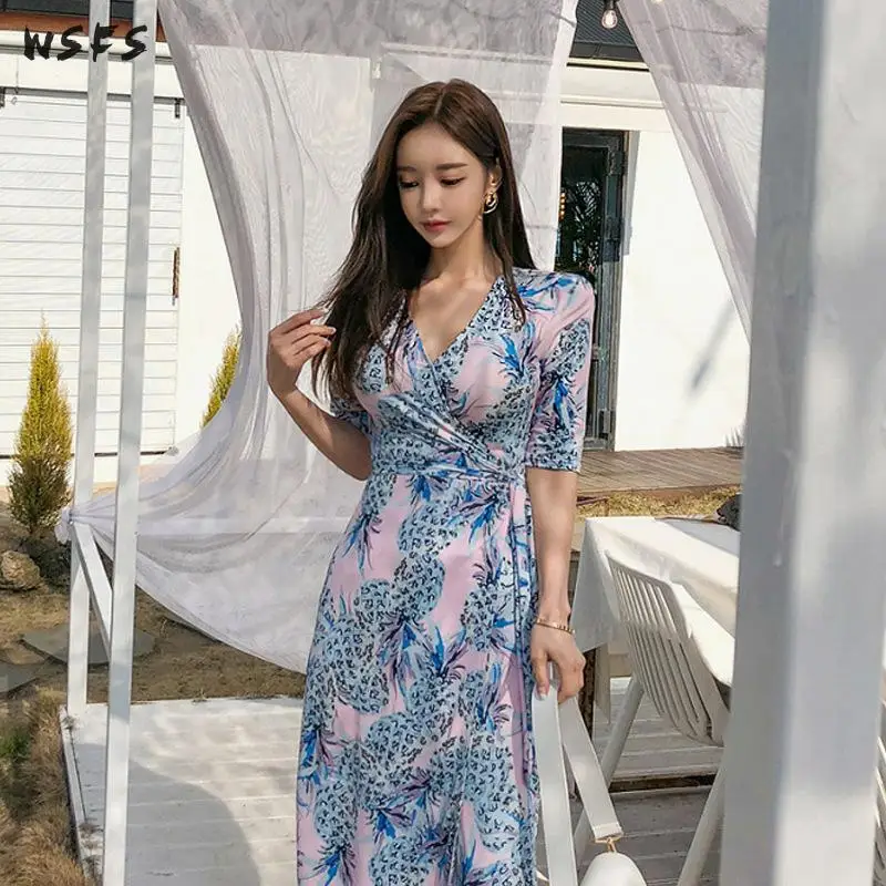 Летние длинные платья с V образным вырезом короткими рукавами принт в виде
