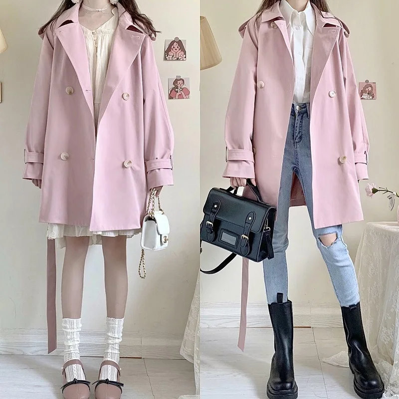 Тренчкот средней длины в стиле Харадзюку двубортное Свободное пальто-поло