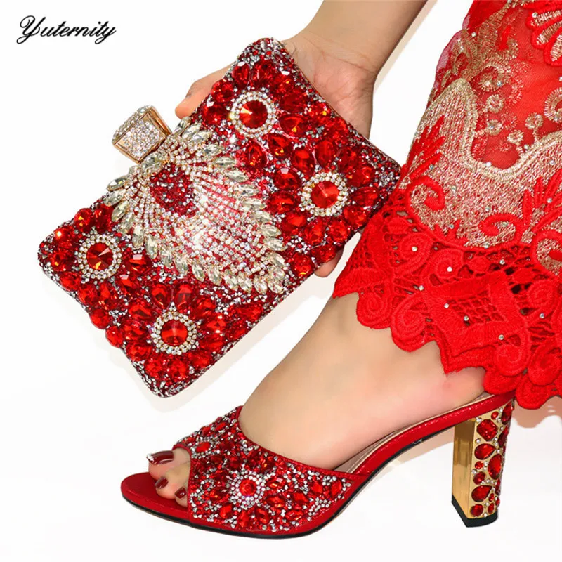 

New Arrival Woman Rhinestone Red Color Shoes And Bag Set Summer Elegant High Heels Shoes And Bag Set For 5Colors On Stock