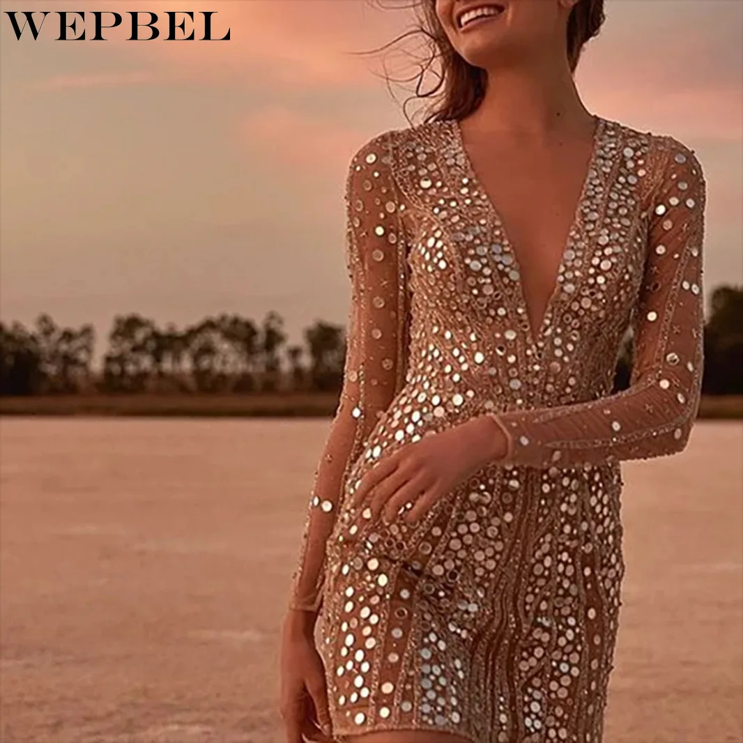 

WEPBEL Casual Solid Color Dress Women's Sequins Slim Fit Patchwork Dress Autumn V-neck High Waist Long Sleeves Mesh Dress