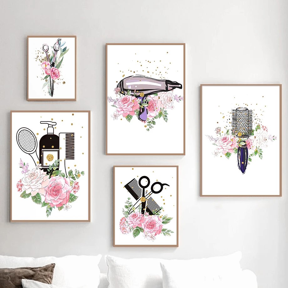 

Hairdressing Comb Scissors Barbershop Pink Flower Wall Art Canvas Painting Posters And Prints Wall Pictures Beauty Salons Decor