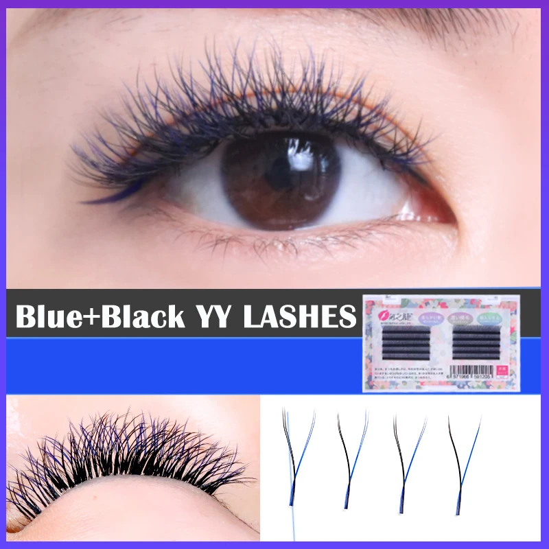 Blue-black Mixed Color Y type grafting Eyelashes Curl C 0.07mm auto bloom Love Mesh Braided YY shape Mink Eyelash extension