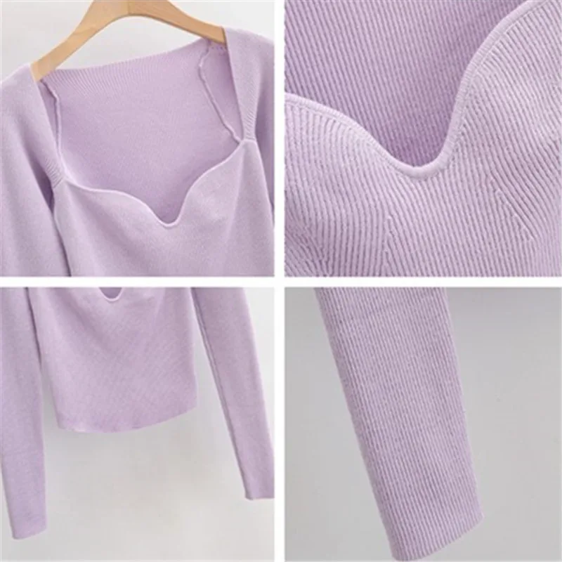 

Sexy Knitted Sweater Women Square Neck Long Sleeve Pullover Casual Soft Basic Top Female Ribbed High Stretch Y2K Pull Femme 2021