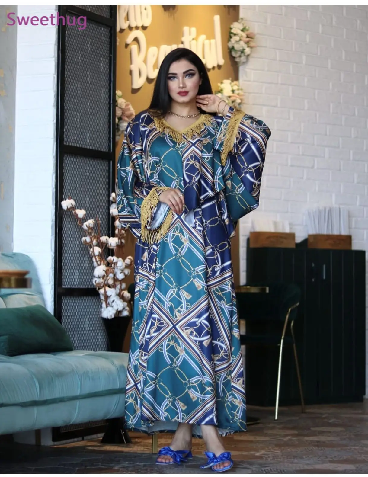 

Mayata Dubai Soft Satin Maxi Dress For Women Turkey Arabic V Neck Long Sleeve Plus Size Muslim Ethnic Abaya 2021 muslim dress