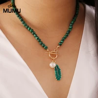boho 2pieces jewellery setgreen malachite bracelet necklace jewelry sets for women leaf gold color link chain clasp ethnic gift