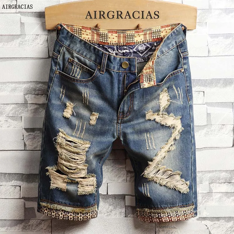 AIRGRACIAS Mens Ripped Short Jeans Brand Clothing Bermuda Cotton Shorts Breathable Denim Male New Fashion Size 28-40 | Мужская одежда