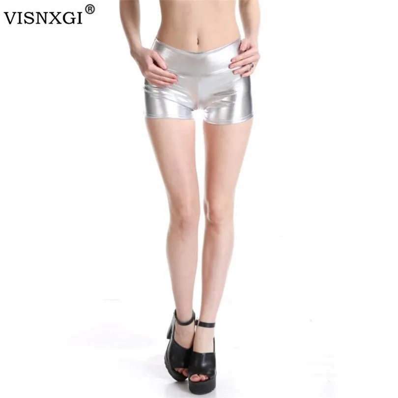 VISNXGI Womens Mid Waisted PU Sexy Summer Shorts Metallic Rave Dance Shorts Spandex Shiny Pole Dance Gold Silver Short For Stage  - buy with discount