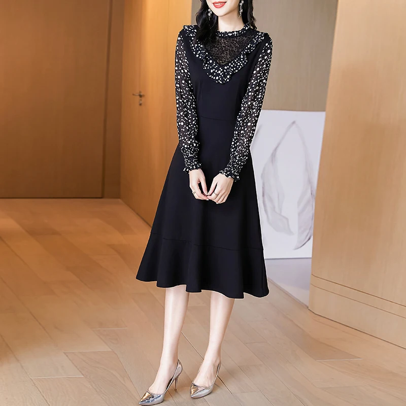 

COIGARSAM 4XL Plus Size Patchwork Women dress New Spring Print Polka Dot Chiffon Lace Dresses Black 316