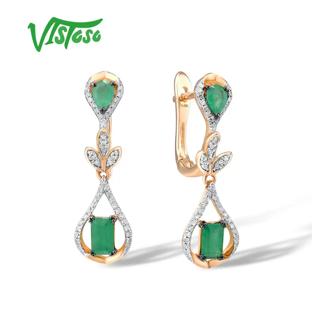 

VISTOSO Gold Earrings For Women 14K 585 Rose Gold Glamorous Elegant Shiny Emerald Sparkling Diamond Luxury Trendy Fine Jewelry